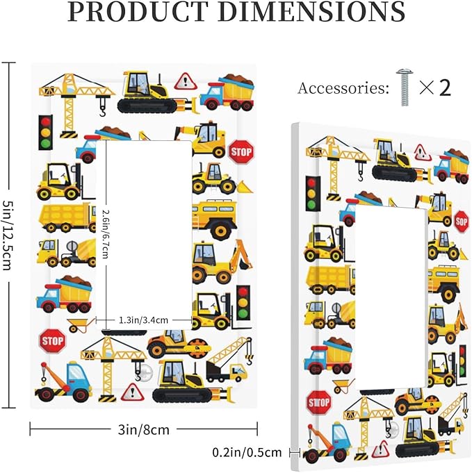 Kid Boy Construction Trucks Cartoon Car Excavator Tractor Vehicles Transport 1 Gang Single Decorator/GFCI Device Outlet Wall Plate Electrical One Rocker Decorative Light Switch Cover Faceplate Dimmer