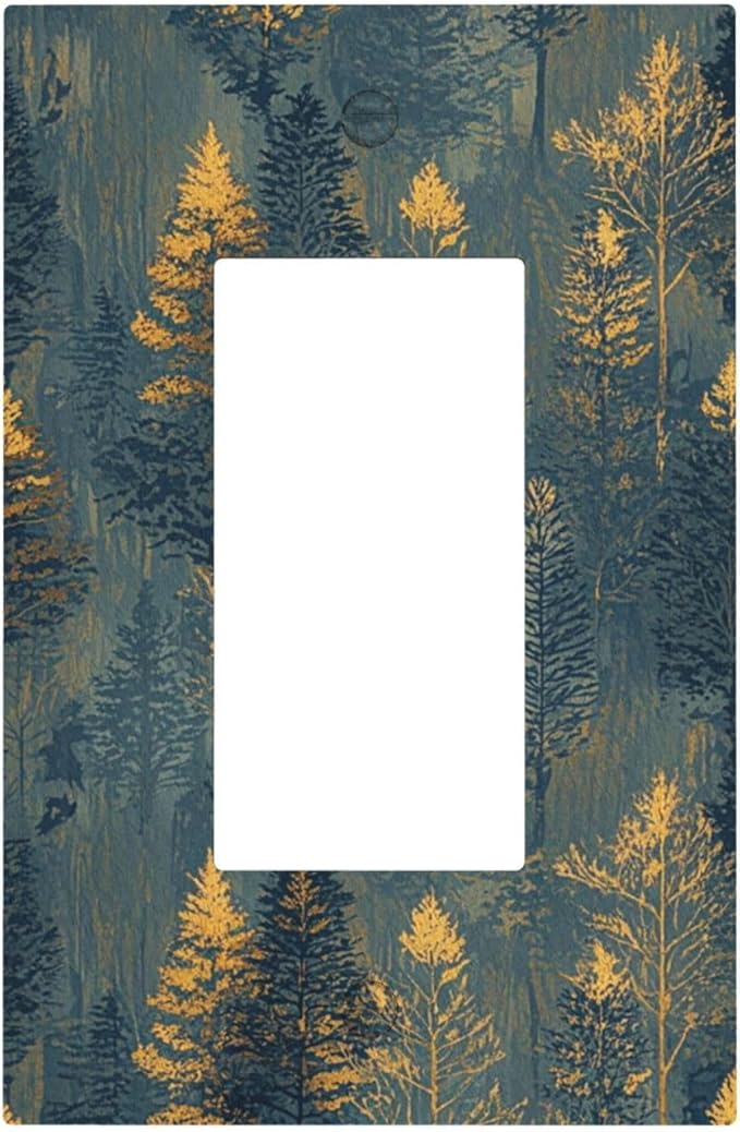 Decorative Light Switch Cover Plate with Golden Trees & Abstract Gradient Forest Landscape Design 1 Gang Rocker Outlet Covers Single Decora Gfci Device Wall Plate for Blue Retro Home Decor