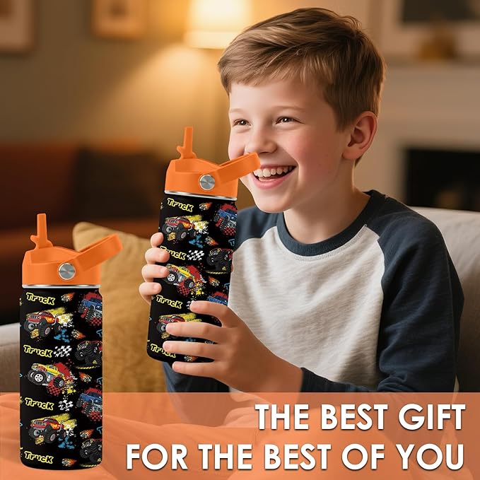 Truck Gifts for Kids, 16oz Monster Truck Water Bottle with Straw Lid, BPA-Free, Leak Proof Stainless Steel Insulated Bottle for Boys, Girls, School - Trucks Lovers Children Birthday Gifts Cup (1pc)