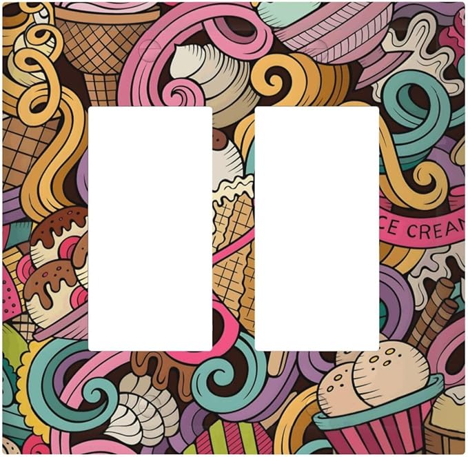 Cartoon Hand Drawn Ice Cream Doodles Colorful Print Decorative Outlet Covers 2 Gang Double GFCI Rocker Electrical Wall Panels Light Switch Cover Plate for Kids Room Nursery Decor