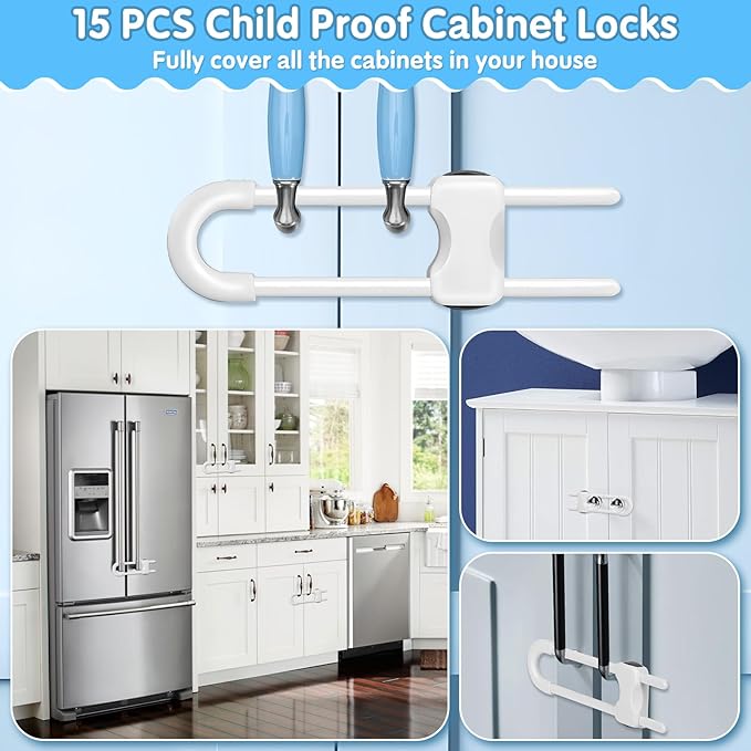 Modacraft 15 Pcs Sliding Cabinet Latches, U Shaped Cabinet Door Locks, Baby Cabinet Safety Latches for Baby Proofing, No Drilling Tool-Free Installation Easy to Use for Knobs or Handle Double Door