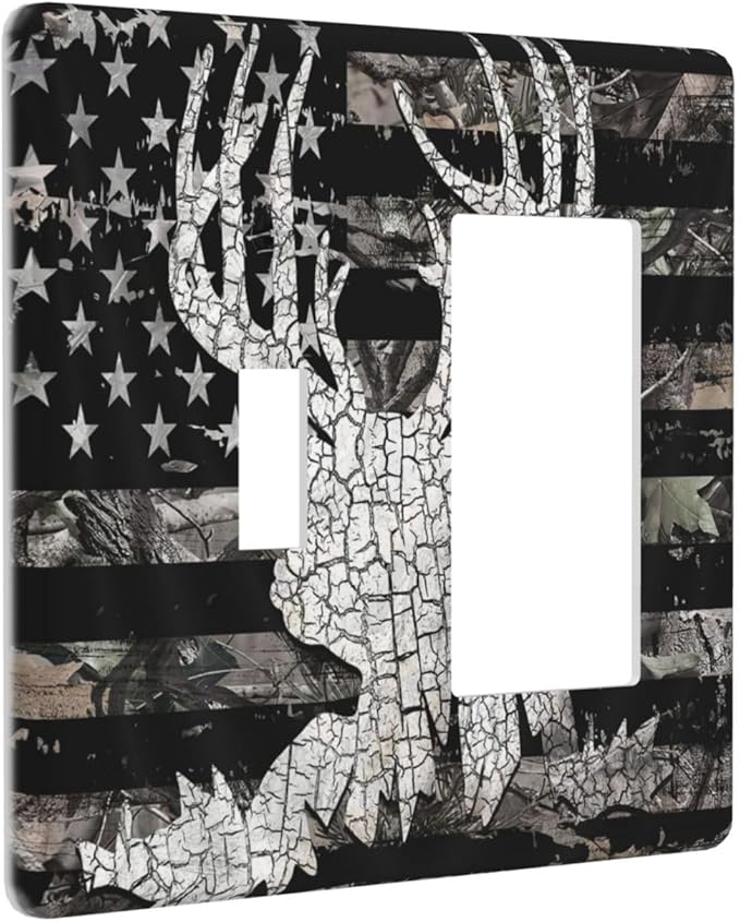 2-Gang 1-Toggle 1-Decora/GFCI Device Combination Wall Plate Rustic Hunting Forest Camo American USA Flag Deer Elk Moose Antlers Wildlife Animal Combo Toggle Decorator Outlet Light Switch Cover