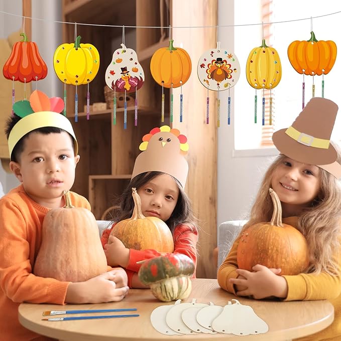 gisgfim 16 Pack Fall Pumpkin Wind Chime Kits Thanksgiving Crafts for Kids Make Your Own Pumpkins Wind Chime Wooden DIY Arts and Crafts for Autumn Party Classroom Decorations Supplies Birthday Favors