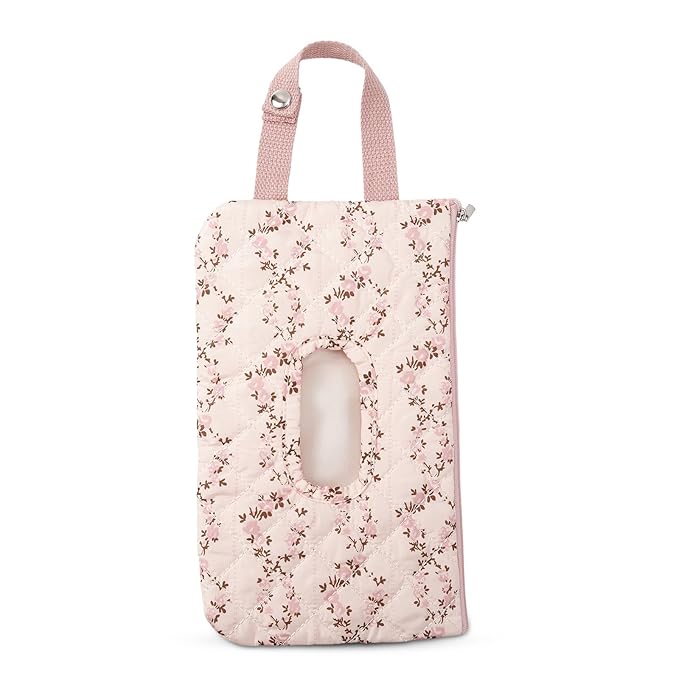 Quilted Baby Diaper and Wipes Pouch Portable Mommy Bag for Stroller Reusable Wipes Pouch with Lanyard for Casual Travel (Pink Flower)