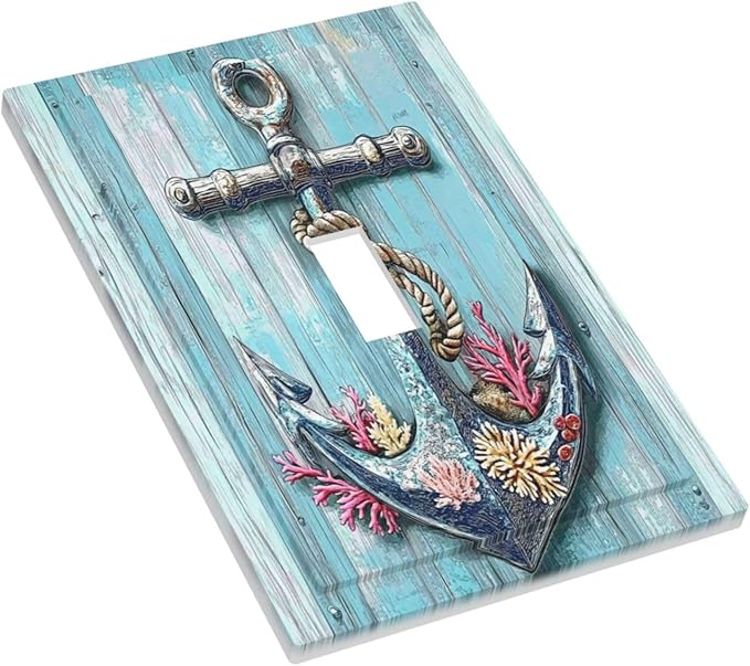 Decorative Light Switch Cover Anchor Coastal Beach Nautical Coral 1 Gang Single Toggle Device Electrical Faceplate Switchplates Decorator Outlet Wall Plate For Farmhouse Cabin Decor