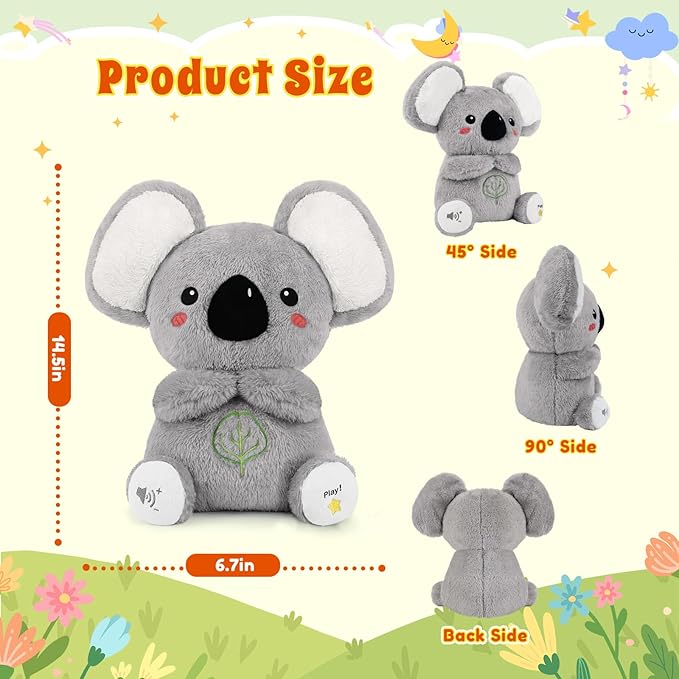 BRICHOEE Breathing Stuffed Animal, Soothing Koala Stuffed Animal with Moving Ears, Breathing Motion, Calming Sound and Light for Baby Sleep Companion Portable Plush Toy Gifts for Kids Adults Newborns