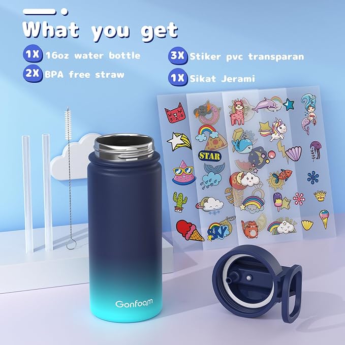 Kids Water Bottle, 16oz Water Bottles Kids with Straw and Stickers, Stainless Steel Vacuum Double Wall Insulated cup, Kids Water Bottle for School, Gifts for Boys(Navy blue)