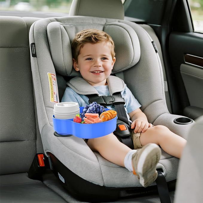 Kids Car Seat Tray, Travel Tray with Cup Holder for Toddler, Kids Car Seat Food Snack Holder for Road Trip, Stroller Snack Organizer travel must haves - Blue Color