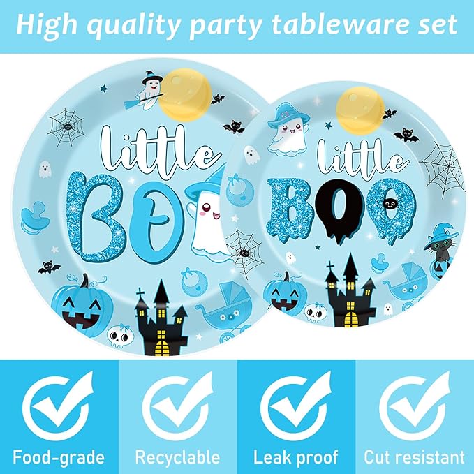 96PCS Halloween Little Boo Baby Shower Plates and Napkins for Boo baby shower Decorations Disposable Blue and Black Dinnerware Plates Napkins Forks for Halloween Party Favors
