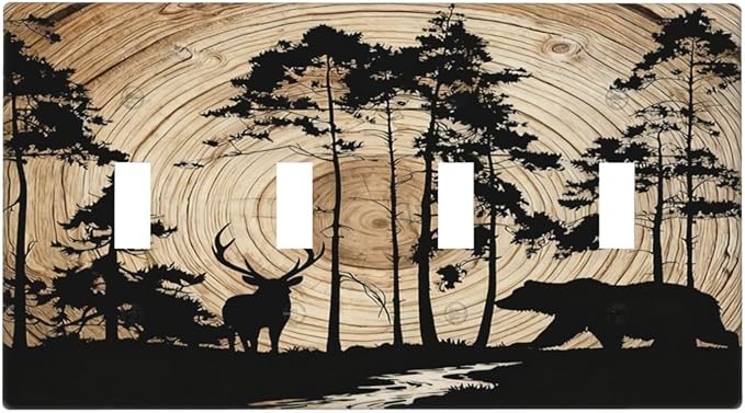 Rustic Forest Antler Black Bear Deer Silhouettes Light Switch Covers Quad Toggle Electrical Faceplate 4 Gang Wall Plate Decorative Switch Plates Cover for Farmhouse Home Decor