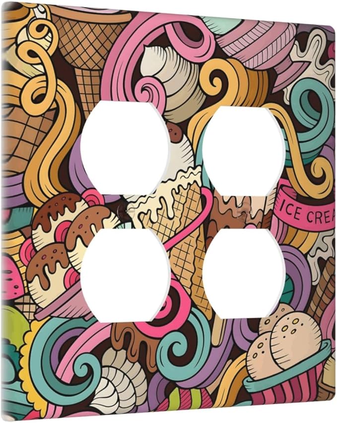 Cartoon Hand Drawn Ice Cream Doodles Colorful Print Outlet Covers 2 Gang Double Duplex Decorative Light Switch Covers Electrical Wallplates Socket Faceplate for Kids Room Nursery Decor