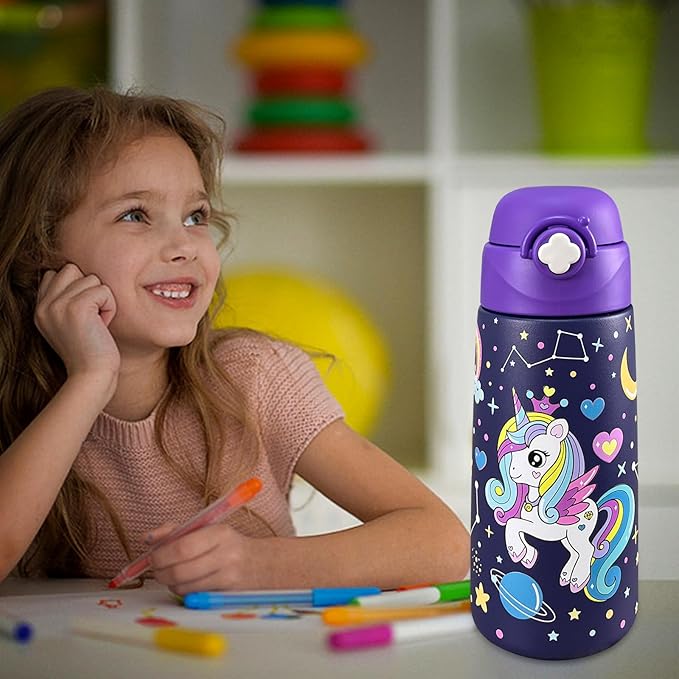 Girls Insulated Water Bottle with Covered Pop-Up Straw,16 oz Kids Cups with Stainless Steel Leak Proof for School（Unicorn-Purple）