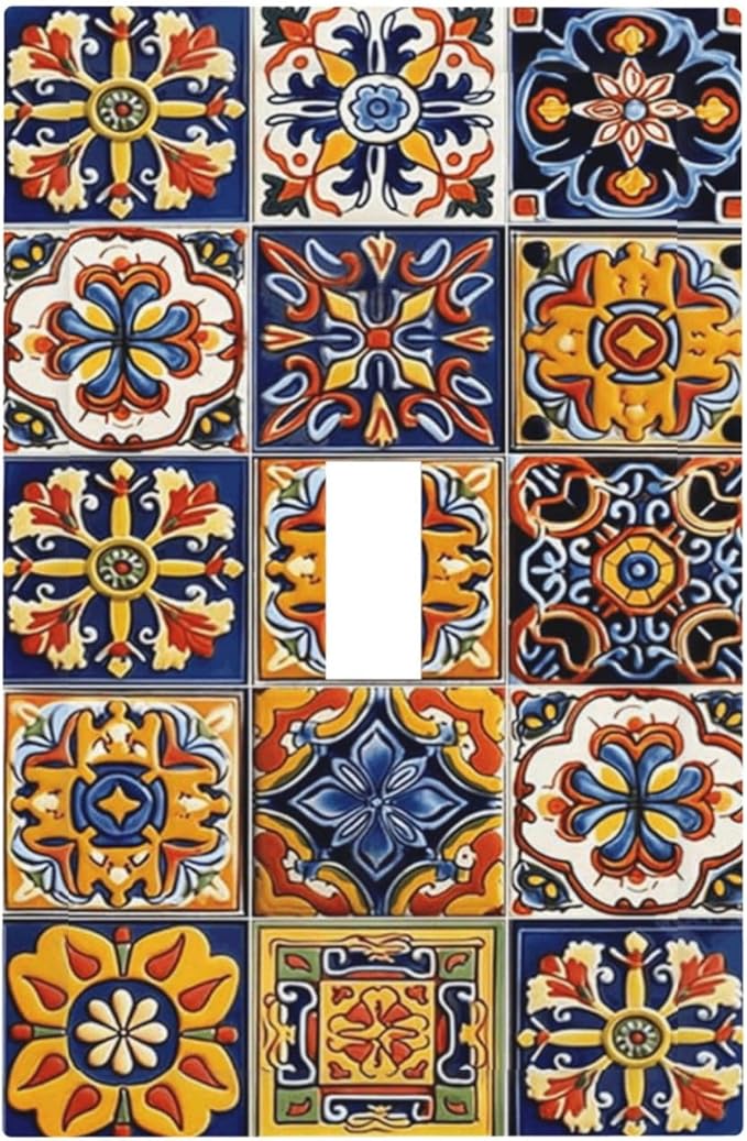 Mexican Talavera Tiles Flower Vintage Decorative Light Switch Cover 1 Gang Single Toggle Device Electrical Faceplate Switchplates Decorator Outlet Wall Plate for Kitchen Bathroom Decor