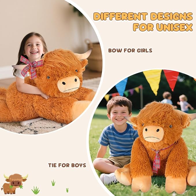 SuzziPals 43 inch Giant Highland Cow Stuffed Animals, Lifelike Big Cow Stuffed Animal for Stress Relief & Companion, Extra Soft Cute Plushies, Huge Emotional Support Plush Toys Gifts for Kids Adults