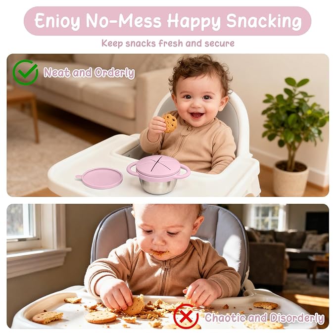 2 Pack Baby Stainless Steel Snack Containers for Kids with Spill Proof Food Grade Silicone Lids & Handles 9 OZ Baby Snack Cups No Spill Toddler Snack Box for Mess-Free Snacking