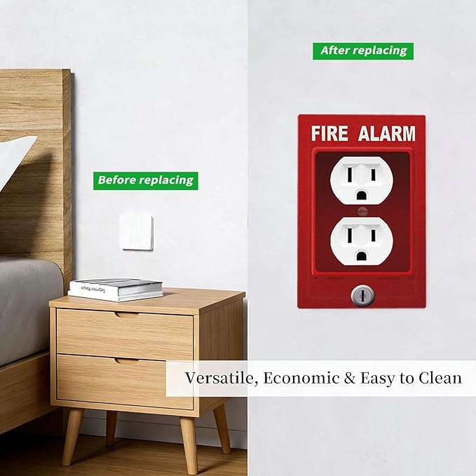 Novelty Fire Alarm Prank Duplex Wall Plate - 1-Gang Standard US Size Fire Station Themed Outlet Covers for Game Room Decor