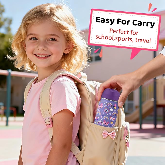 Butterfly Gifts - 18oz Purple Kids Water Bottle with Straw Lid, Stainless Steel Insulated Bottle, Leakproof, BPA-Free, for Girls, School, Travel - Butterfly Rainbow Themed Birthday Gift Cup (1pc)