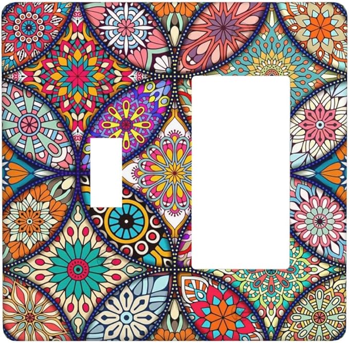 Bohemian Combin Wall Plate Cover Decorative 2 Gang Toggle Rocker Light Switch Cover colorful Vintage Floral Mandala Flower Faceplate for Bathroom Home Bedroom Art Panel Decor 4.5 X 4.5 In