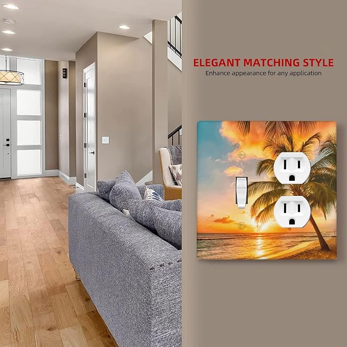 Decorative Outlet Covers Tropical Beach Ocean Palm Trees Hawaiian Sunset 2 Gang Wall Plate Single Toggle Duplex Light Switch Cover Switch Plate Covers Faceplate for Bedroom Decor