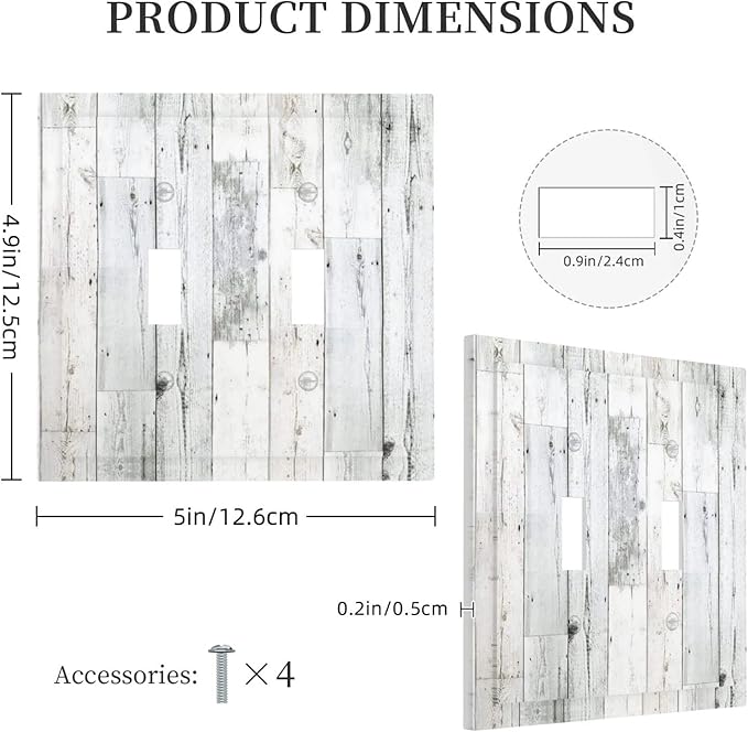 Grey White Wood 2 Gang Double Toggle Light Switch Cover Decorative Wall Plate Faceplate for Kids Boys Girls Bathroom Home Living Room Decor 5" x 4.9