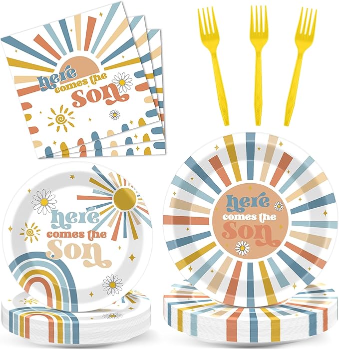 96Pcs Here Comes The Son Party Plates and Napkins for Boho Sun Birthday Party Supplies Here Comes The Son Themed Paper Dessert Plates Sunshine Tableware Set for Baby Shower 24 Guests Party Decorations