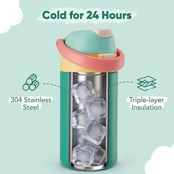 12 oz Water Bottle Insulated, 304 Stainless Steel Insulated Kids Water Bottle with Straw, 2-in-1 Lid Toddler Cups for School Boys Girls, BPA-Free, Leak-Proof, Great for Sport, Travel, Gift, Forest