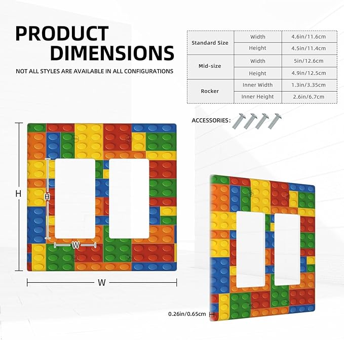 Outlet Covers Colorful Building Block 1 Gang Duplex Light Switch Cover Plate Decorative Wall Plates Electrical Switchplate Receptacle for Kids Room Home Decor（2 Pack）