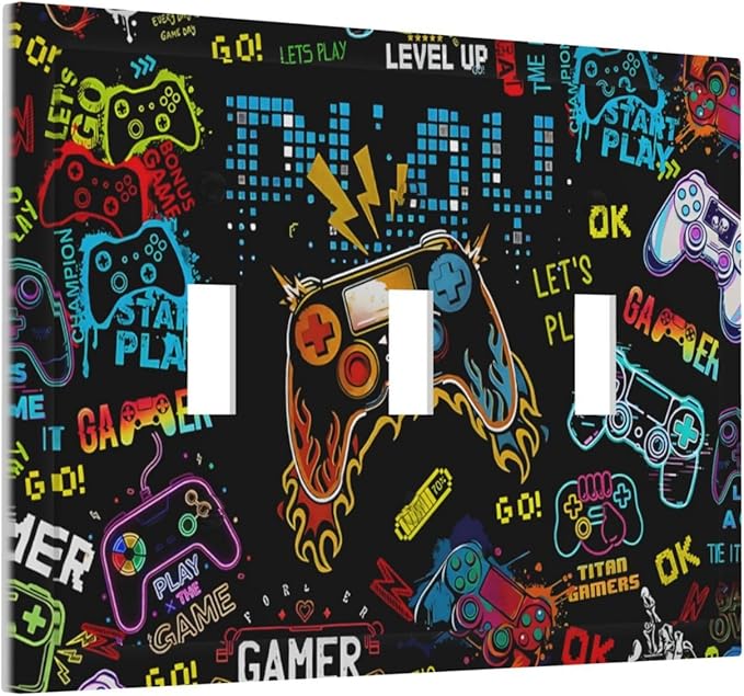 Gamer Video Game Themed Cool Controller Print Decorative Switch Plates 3 Gang Wall Plate Triple Toggle Light Switch Cover Faceplate Electrical Wall Panels for Kids Room Office Decor