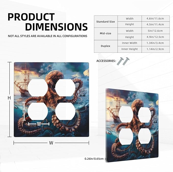 Decorative Light Switch Cover Plate Deep Ocean Octopus Sailboat Sea Monster 2 Gang Decorative Switch Plates 1 Toggle Duplex Combo Outlet Covers GFCI Plug Covers Wallplates for Bathroom Bedroom Decor