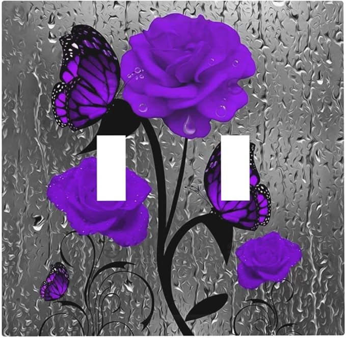 Purple Rose Romantic Flowers 2 Gang Double Toggle Light Switch Cover Rose Floral Decorative Wall Plate Faceplate For Girls Ms Purple Rose Butterfly Bathroom Home Living Room Decor 5" x 4.9