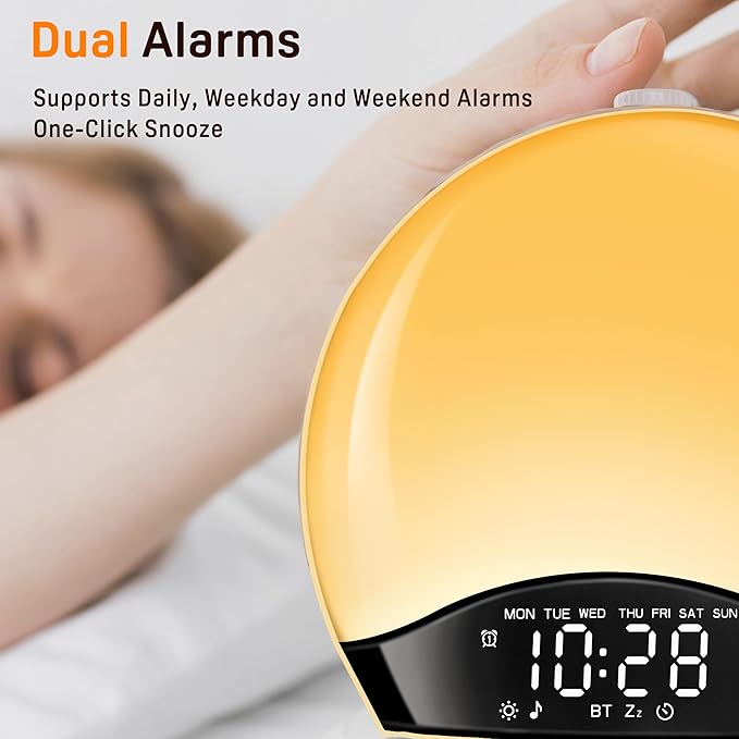 JALL Sunrise Alarm Clock for Bedrooms with White Noise Sound Machine, Wake Up Light Alarm Clocks for Heavy Sleepers & Kids, Dual Alarms, Nightlight, Sleep Timer, Bluetooth Speaker