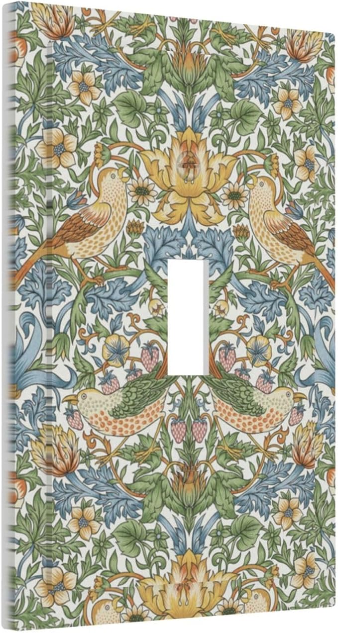 William Morris Strawberry Thrush Birds 1 Gang Light Switch Cover Single Toggle Wall Plate Vintage Floral Flowers Plant Decorative Electrical Switchplate Covers for Country Home Decor