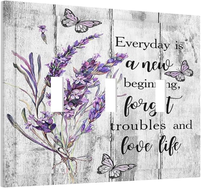 Light Switch Cover Purple Lavender Flower Butterfly on Wood Plank 3 Gang Wall Plate Triple Light Switch Plate Inspirational quotation Floral Toggle Decorative Outlet Covers Electrical Switchplate
