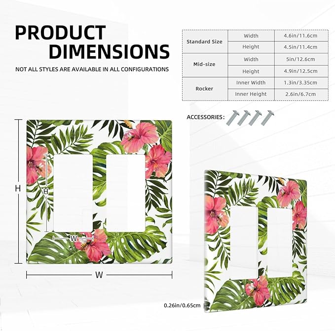 Tropical Plant Green Palm 2 Gang Double Rocker/Decora Light Switch Cover Decorative Wallplate Banana Leaves Pink Flower Rainfores Jungle Botanical Gfci Electrical Faceplate Home Bedroom Art Decor