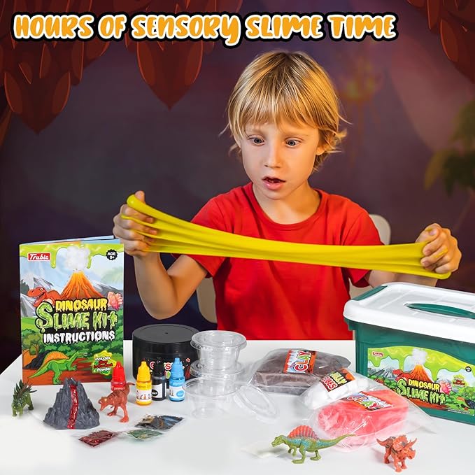 Dinosaur Slime Making Kit, Jelly Cube/Butter/Crystal/Glow in The Dark Slime with Add-ins, Includes Dino Figurines/Volcano, Christmas Birthday Party Favors Gift Toys for Kids Boys 6-12