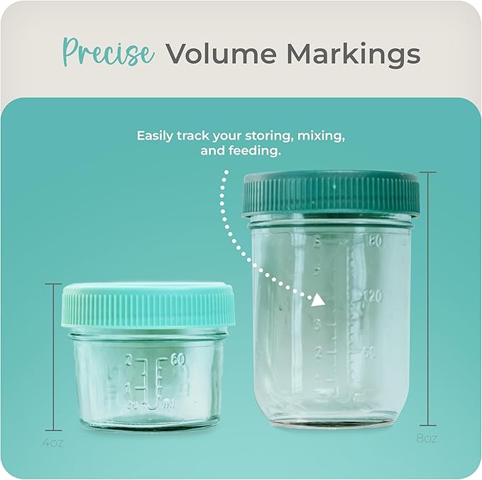 Mason Bottle Breast Milk Storage Jars (4oz & 8oz, 8-Pack) – Reusable Glass Baby Food Containers with Lid for Baby Formula & Breastmilk – Airtight, Stackable, Freezable (Deep Ocean)
