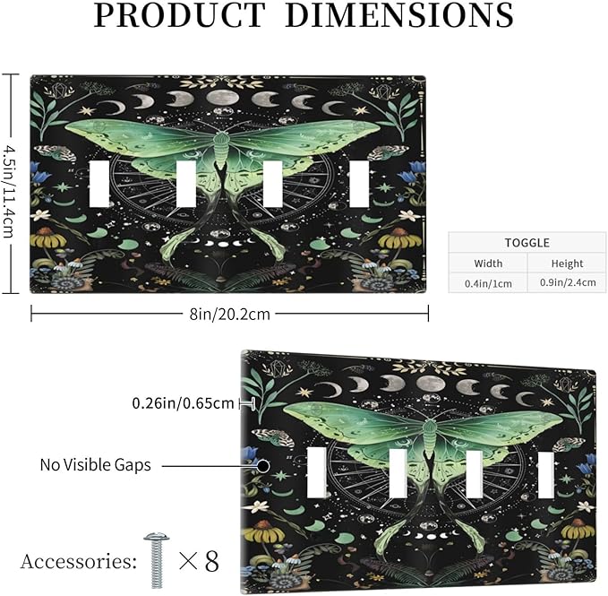 Moon Phase Butterfly Wildflower Plant Mysterious Night Moonlit Light Switch Covers Quad Toggle Electrical Faceplate 4 Gang Wall Plate Decorative Switch Plates for Bedroom Living Room Decor