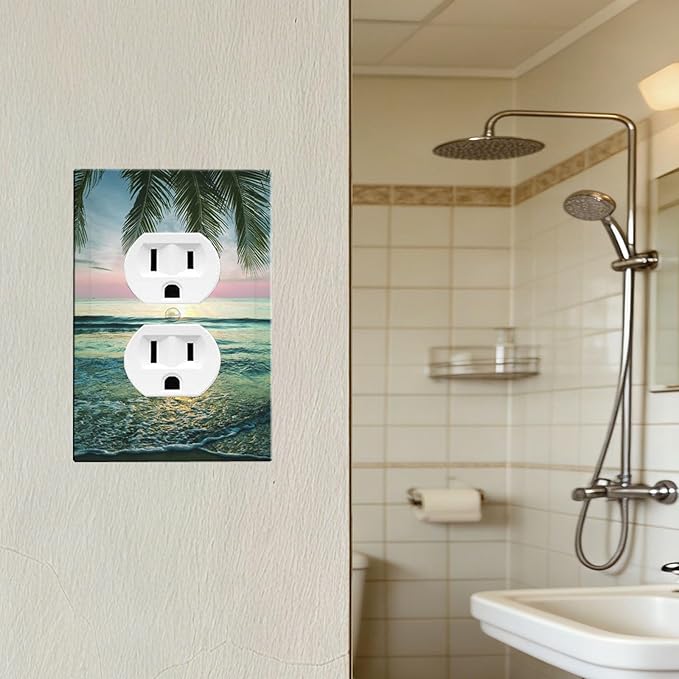 Tropical Beach Sunset Duplex Wall Plate - 1-Gang Standard US Size Palm Fringe Ocean View Outlet Covers for Pool Beach House Decor