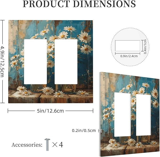 Delicate White Daisy Jars Retro Wood Background Decorative Outlet Covers 2 Gang Double GFCI Rocker Electrical Wall Panels Light Switch Cover Plate for Farmhouse Home Decor