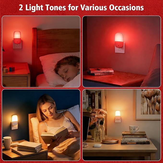 echosari 670nm Red & Warm White Light Night Light for Sleep, 2 Pack Red Night Lights with Dusk to Dawn Sensor, LED Night Light Plug into Wall for Baby Nursery Kids Adults Bathroom Bedroom