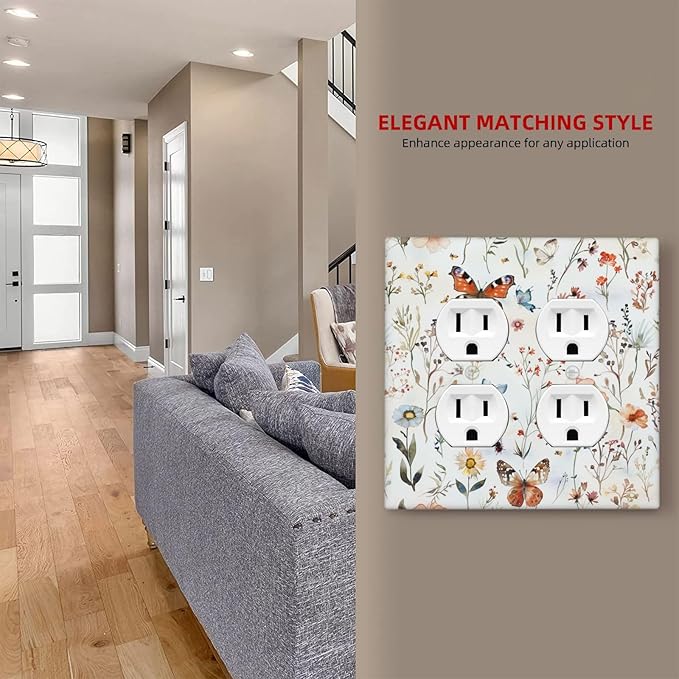 Outlet Covers Butterfly Floral Boho Multicolor Flower Leave 2 Gang Double Duplex Decorative Light Switch Covers Electrical Wallplates Socket Faceplate for Bed Room living Room Decor