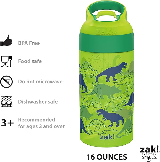 Zak Designs 16oz Riverside Kids Water Bottle with Spout Cover and Built-in Carrying Loop, Made of Durable Plastic, Leak-Proof Water Bottle Design for Travel (Unicorn & Dino Camo, Pack of 2)