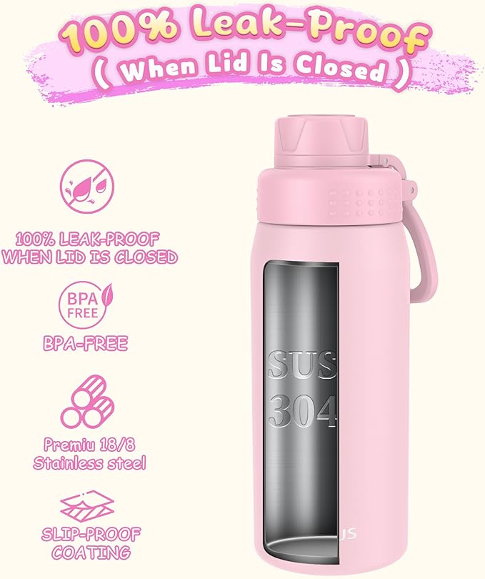 GOPPUS 19oz Kids Water Bottle with Spout Lid, Toddler Water Bottle, Stainless Steel Insulated Water Bottle, Leakproof, BPA Free, Suitable for Boys and Girls for School（Pink）