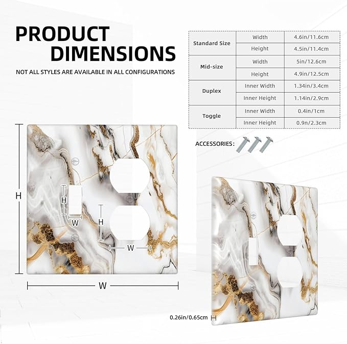 Luxurious Marble Abstract White Gold Tile Modern Simplicity Wallplates 1 Toggle 1 Duplex Switch Plate Electrical GFCI Faceplate Decorative Light Switch Covers for Bathroom Kitchen Decor