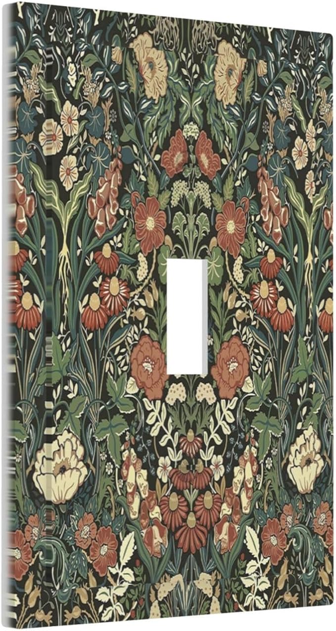 Decorative Light Switch Cover Vintage Dark Floral William Morris Green Flower 1 Gang Single Toggle Device Electrical Faceplate Switchplates Decorator Outlet Wall Plate for living Room Home