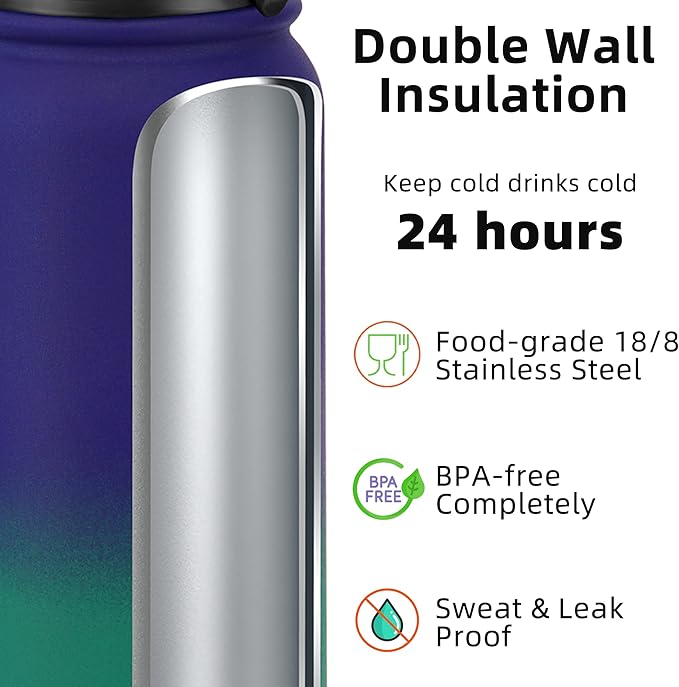 Fanhaw 20 oz Insulated Stainless Steel Water Bottle with Straw Lid, Leakproof & Anti-Dust Sports Bottle for Kids, Women & Men (Purple Green)