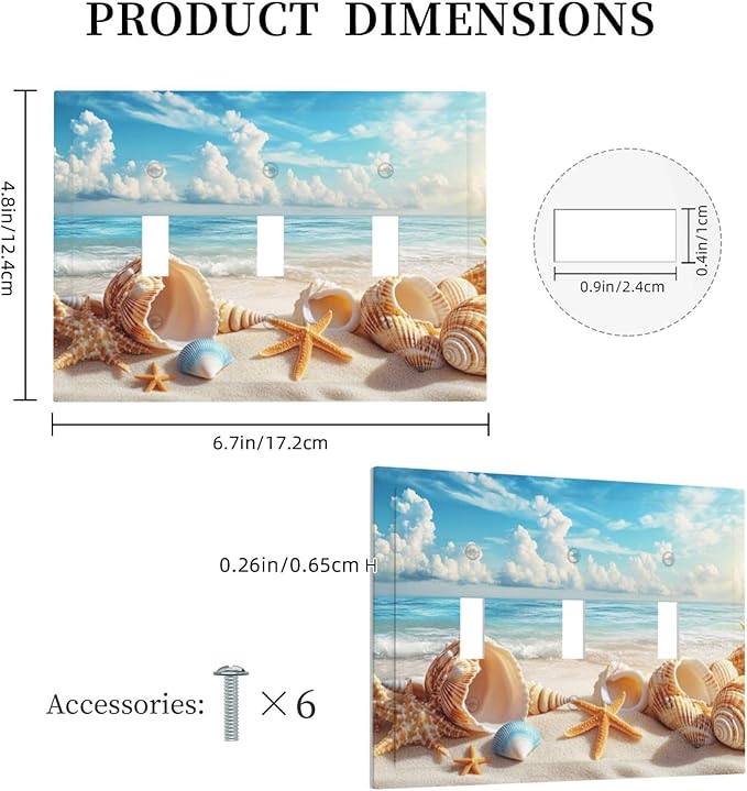 Beach Coastal Seashore Sea Starfish Shell Sand Decorative Switch Plates 3 Gang Wall Plate Triple Toggle Light Switch Cover Faceplate Electrical Wall Panels for Bathroom Home Decor