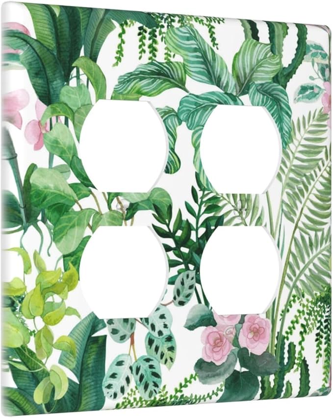 Tropical Palm Leaves Green Jungle Botanical Floral Flowers Outlet Covers 2 Gang Double Duplex Decorative Light Switch Covers Electrical Wallplates Socket Faceplate for Bedroom Living Room Decor