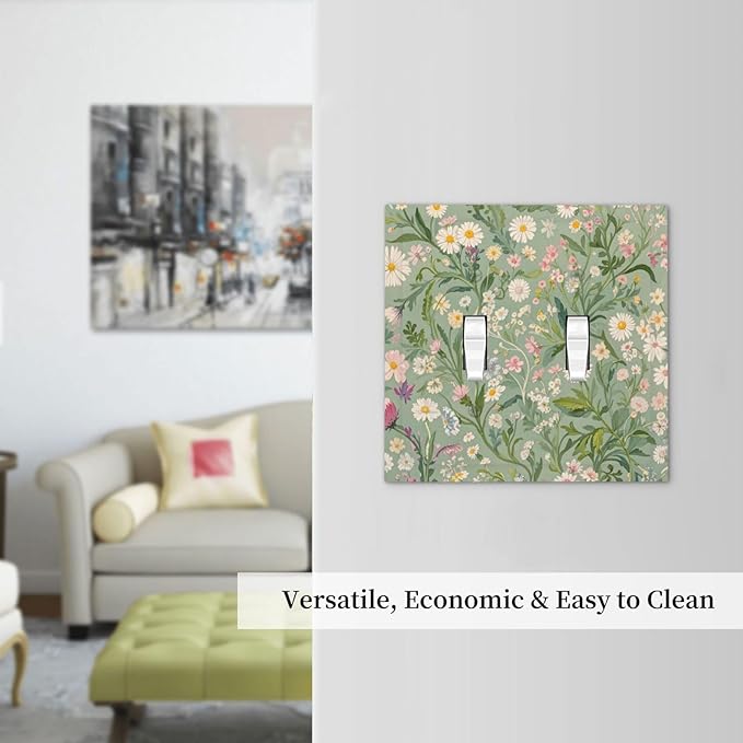 Decorative Switch Plate Cover with Vintage Wildflowers & Daisies on Light Green Background Design 2 Gang Wall Plate Unique Double Toggle Double Light Switch Covers