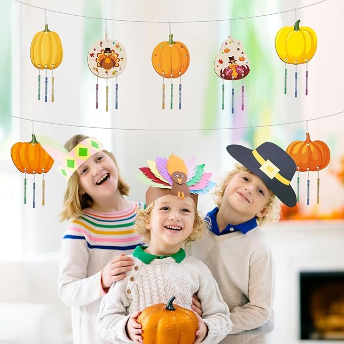 gisgfim 16 Pack Fall Pumpkin Wind Chime Kits Thanksgiving Crafts for Kids Make Your Own Pumpkins Wind Chime Wooden DIY Arts and Crafts for Autumn Party Classroom Decorations Supplies Birthday Favors